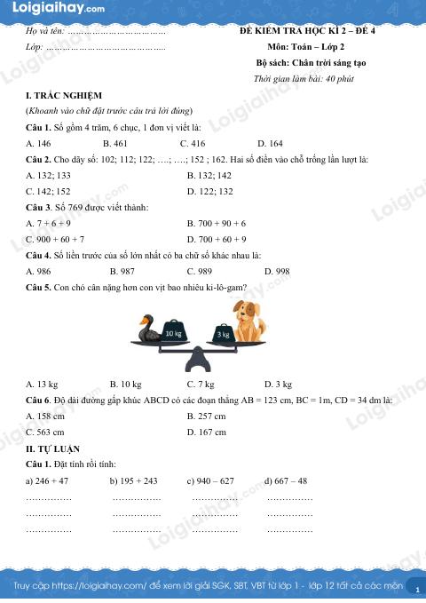 Đề kiểm tra học kì 2 Toán 2 Chân trời sáng tạo - Đề số 4